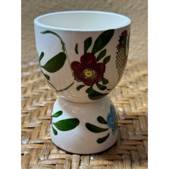 Vintage Hand-Painted Ceramic Egg Cup With Rooster & Floral Design Made In Japan - Picture 2 of 8